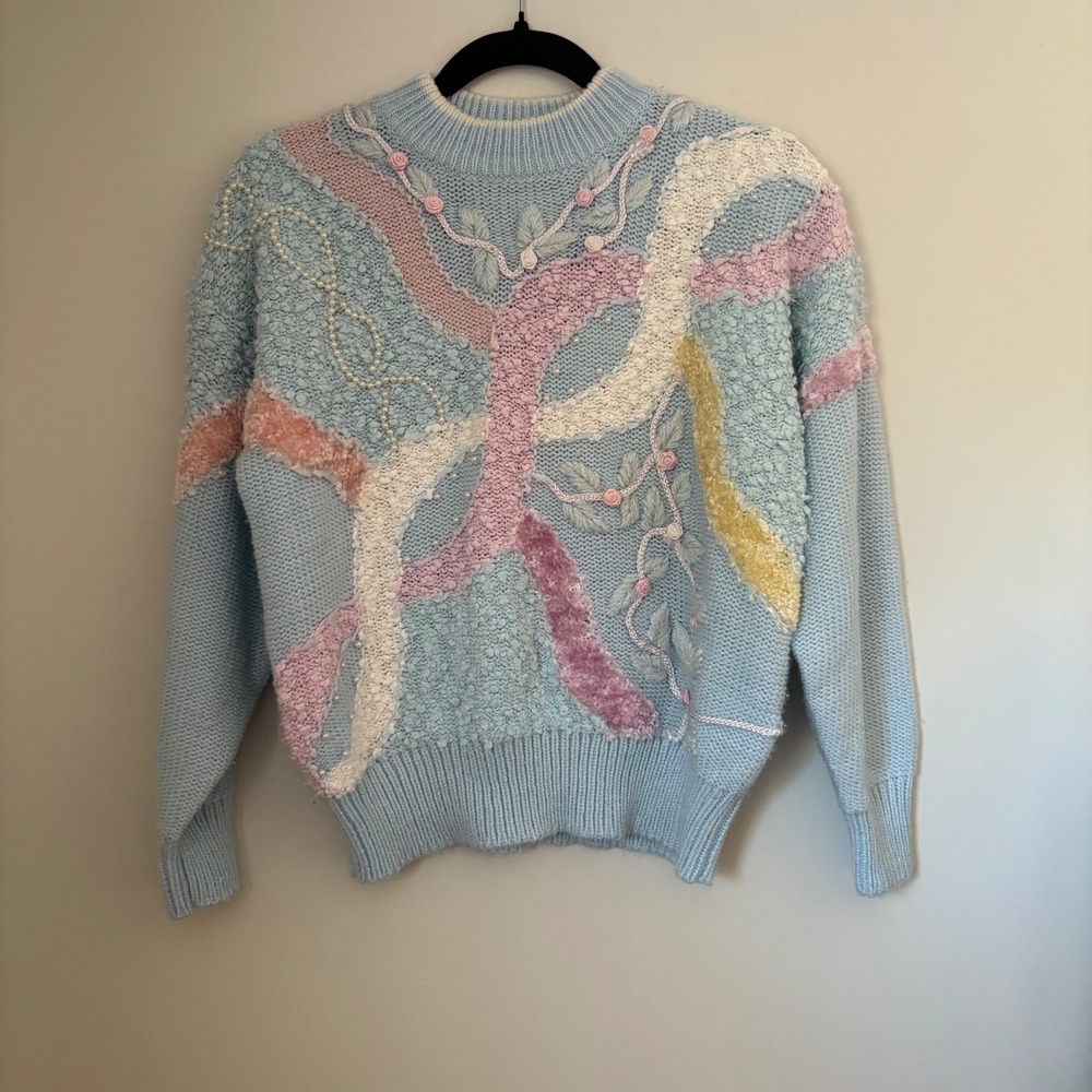 Vintage Jaclyn Smith Pastel Blue Sweater Cottagecore Knit Floral Shabby Chic M/L